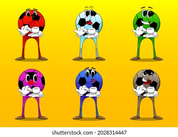 Soccer ball holding a cup of coffee. Traditional football ball as a cartoon character with face.