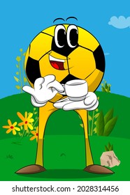 Soccer ball holding a cup of coffee. Traditional football ball as a cartoon character with face.
