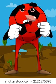 Soccer ball holding his fists in front of him ready to fight. Traditional football ball as a cartoon character with face.