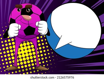 Soccer ball holding his fists in front of him ready to fight. Traditional football ball as a cartoon character with face.