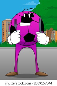 Soccer ball holding up a knife and fork. Traditional football ball as a cartoon character with face.