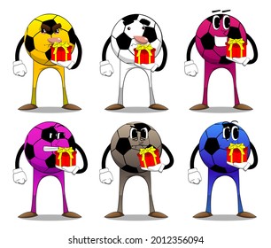 Soccer ball holding small gift box. Traditional football ball as a cartoon character with face.