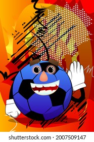 Soccer ball holds hand at his ear, listening. Traditional football ball as a cartoon character with face.