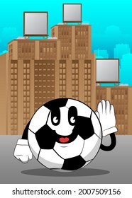 Soccer ball holds hand at his ear, listening. Traditional football ball as a cartoon character with face.