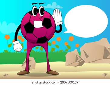 Soccer ball holds hand at his ear, listening. Traditional football ball as a cartoon character with face.