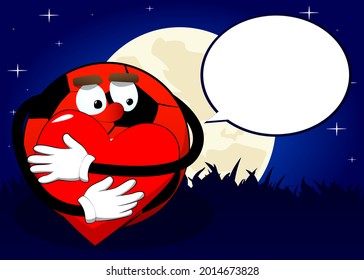 Soccer ball hugging big red heart. Traditional football ball as a cartoon character with face.