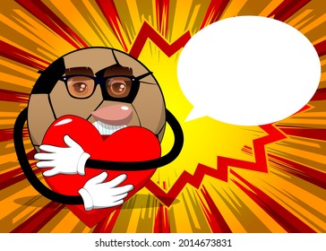 Soccer ball hugging big red heart. Traditional football ball as a cartoon character with face.