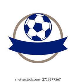 Icono de la pelota de fútbol centrado en un marco redondo con un Anuncio azul Horizontal de la cinta, conveniente para la marca de la liga del deporte, la competición, los acontecimientos del campeonato, o la ilustración global del torneo