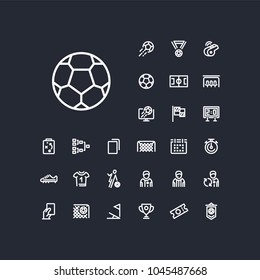 Soccer ball icon in set on the black background. Soccer / football linear icons to use in web and mobile app.