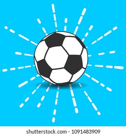 soccer ball icon with shadow and flash white linear rays of firework on a blue background