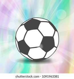 soccer ball icon with shadow and flash rays on wonderful holographic iridescent effect of foil background