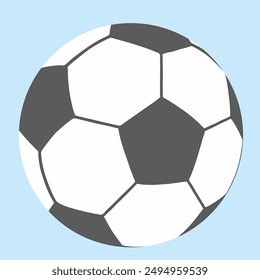 soccer ball, icon, sports equipment, black and white symbol on blue background, vector illustration