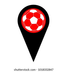 Soccer ball icon. Vector. Flat white icon in red circle at black marker on white background. Isolated.