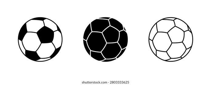 Soccer ball icon vector illustration, Football stylish icon set, Football emblem isolated, Soccer sports ball in different style, white soccer balls vector linear, Ball Icon clipart design, Set of three soccer ball icons in different styles including classic black and white, solid black silhouette, and outline vector. Clean, minimal football symbols isolated on a white background. Perfect for sports branding, apps, UI design, web graphics, logos, stickers, infographics, and print projects.