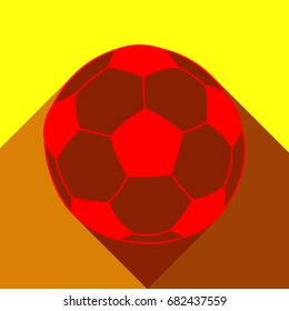 Soccer ball icon. Vector. Red icon with two flat reddish shadows on yellow background.