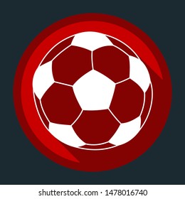Soccer ball icon. White icon with shadow on round red button at dark cyan background. Illustration.