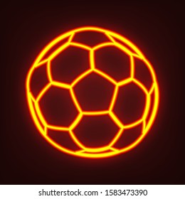 Soccer ball icon. Yellow, orange, red neon icon at dark reddish background. Illumination. Illustration.