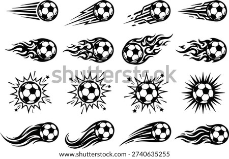 Soccer ball icons with motion and explosion effects dynamic sports graphics with flames and speed lines various soccer ball designs