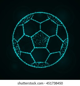 Soccer Ball Illustration Icon, Cyan Color Lights Silhouette on Dark Background. Glowing Lines and Points