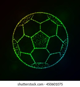 Soccer Ball Illustration Icon, Gradient Color Lights Silhouette on Dark Background. Glowing Lines and Points