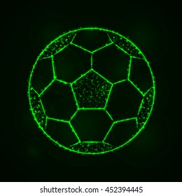 Soccer Ball Illustration Icon, Green Color Lights Silhouette on Dark Background. Glowing Lines and Points
