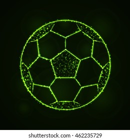 Soccer Ball Illustration Icon, Lime Color Lights Silhouette on Dark Background. Glowing Lines and Points