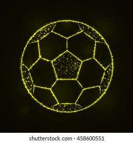 Soccer Ball Illustration Icon, Yellow Color Lights Silhouette on Dark Background. Glowing Lines and Points