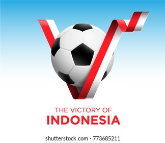 Soccer Ball With Indonesia Victory Flag Banner. Vector Illustration.