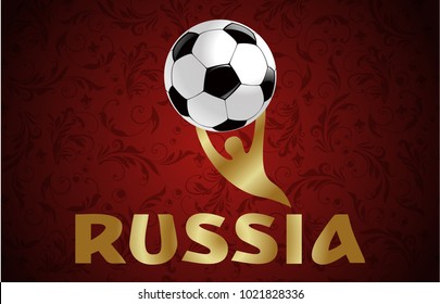 Soccer ball and inscription Russia with a football symbol on the pattern of Russian folk patterns