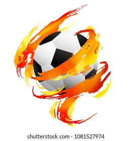 Soccer ball inside orange, red and yellow paint smears on the white background