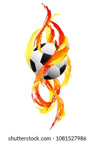 Soccer ball inside orange, red and yellow paint smears on the white background