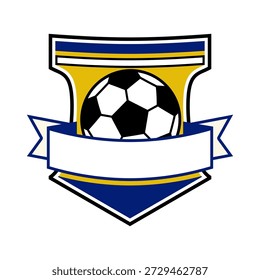 Balón de fútbol integrado en un emblema de estilo escudo con acentos azules y amarillos y un Anuncio de cinta blanca en blanco para texto personalizado, que simboliza el espíritu de equipo y el éxito del campeonato