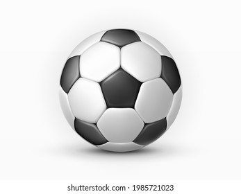 Fußball einzeln auf weißem Hintergrund. Klassischer Fußball-Ball aus schwarz-weißem Polygon. Ball mit Highlights und Schatten. Realistisches 3D-Vektorobjekt