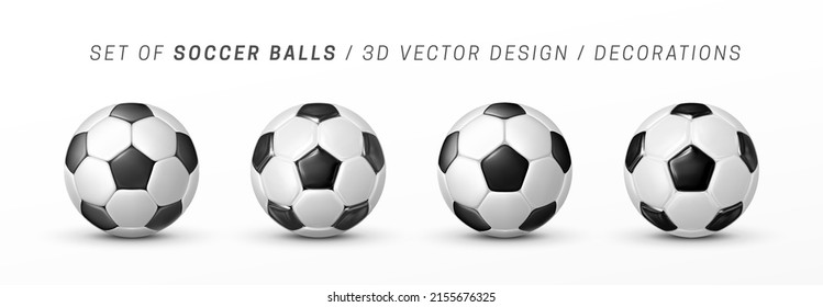 Balón de fútbol aislado en un fondo blanco. Conjunto de bolas de diferente volumen y brillo. Balón de fútbol clásico hecho de pentagones negros y hexágonos blancos. Equipamiento deportivo. Objeto vectorial 3d realista