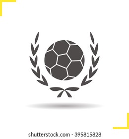 Soccer ball in laurel wreath icon. Drop shadow football championship trophy silhouette symbol. Sports equipment. Vector isolated illustration