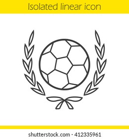 Soccer ball in laurel wreath linear icon. Thin line illustration. Football championship contour symbol. Vector isolated outline drawing