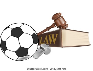 Soccer ball, law book and gavel symbolizing sports law