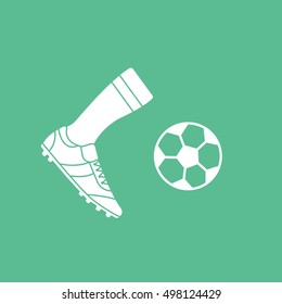Soccer Ball And Leg With Boots Flat Icon On Green Background