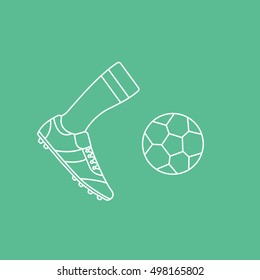 Soccer Ball And Leg With Boots Line Icon On Green Background