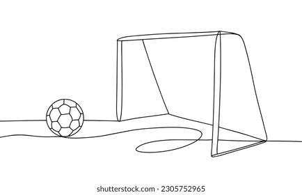 The soccer ball lies near the soccer goal. Football game. World Football Day. One line drawing for different uses. Vector illustration.