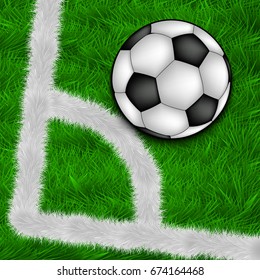 A soccer ball lies on the corner of a football field. Vector illustration
