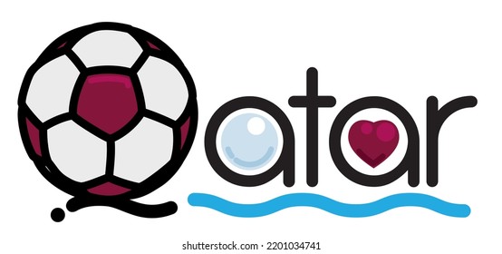 Fußball wie der Buchstabe Q von Katar und ergänzt durch Maronenkern und Perlen auf weißem Hintergrund.