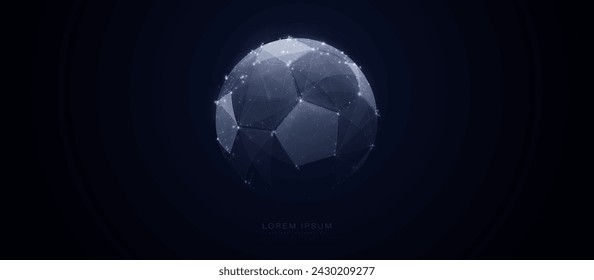 Balón de fútbol de líneas y triángulos, punto de conexión de la red sobre fondo azul. Vector de ilustración