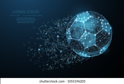 Soccer ball. Low poly wireframe mesh with crumbled edge and looks like constellation on dark blue background with dots and stars. Soccer symbol, illustration or background