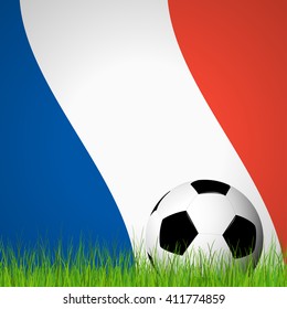 soccer ball lying in the grass in front of france flag
