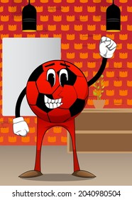 Soccer ball making power to the people fist gesture. Traditional football ball as a cartoon character with face.