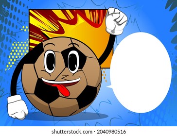 Soccer ball making power to the people fist gesture. Traditional football ball as a cartoon character with face.