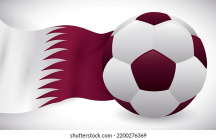 Soccer ball in maroon color and waving Qatar flag in the left side.