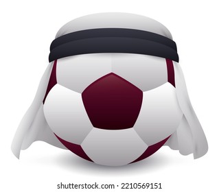 Soccer ball with maroon patches wearing a traditional white keffiyeh.