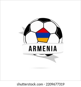 Soccer ball minimal design with Armenia flag. Flag of Armenia in a soccer ball with the text Armenia on the ribbon. Vector illustration eps10